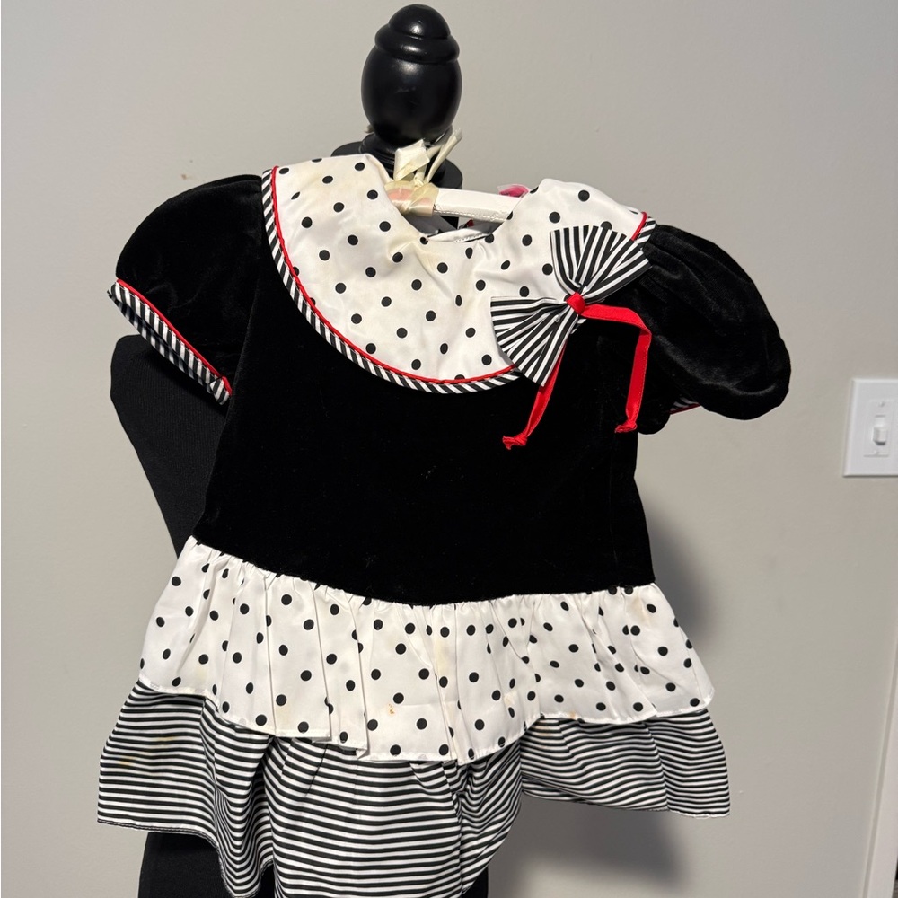 Vintage 80s Girls 4T Black Velvet Polka Dot Party Dress